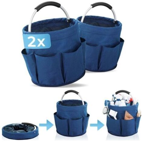 QORVA-Lot de 2 paniers de rangement polyvalents  Panier outils, sac de pansage, 6 poches, pliable avec poignée de transport rembourrées , Lot de 2, Polyester, Coloris bleu, Diam 28x Hauteur 54 cm