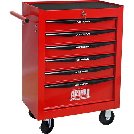 Chariot à outils à 6 tiroirs rouge et noir, coffre métallique mobile à roulettes avec verrouillage, poignées latérales et glissières à billes – CHICFURN (1/5)