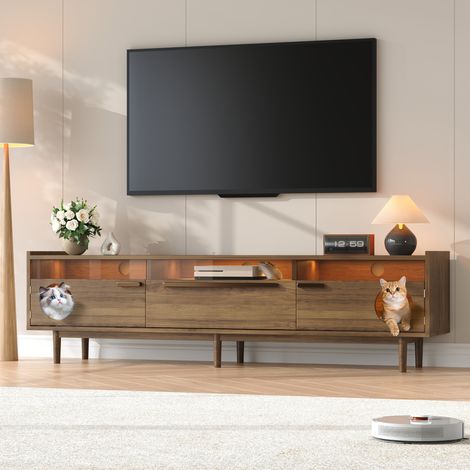 Meuble TV rangement LED noyer 180 cm verre trempé MDF OKMYHOME (1/5)