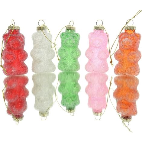 Kaemingk – Suspensions décoratives Oursons en verre – Blanc, rose, orange, rouge et vert, 4 x 8 cm, lot de 5 (1/3)