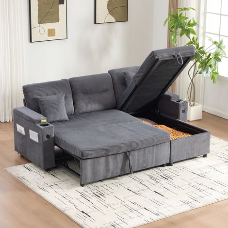 Divano letto a 3 posti in velluto a coste con letto estraibile per 2 persone, chaise longue idraulica, USB-C, 212,5×136×60 cm, Grigio (1/5)