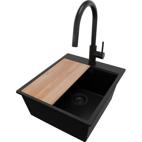 PRIMAGRAN Evier Cuisine en Granit 43x50cm, Lavabo 1 bac + Robinet 40x20cm + Kit de Vidage + Accessoire, Évier à Encastrer au meuble 45cm - Oslo, Tout Noir (1/5)