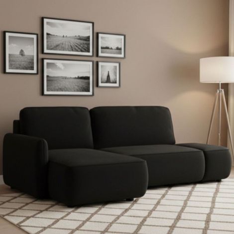 Sofá cama con chaise longue Rezzo, contenedor, reclinable, cojines desenfundables, 229x148 cm negro (1/5)