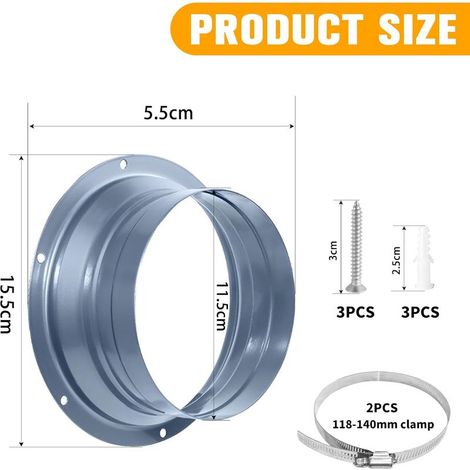 Metallanschlussflansch mit 120 mm Durchmesser, inklusive Klemmen und Schrauben. Wandmontageflansch. Abluftkanal-Adapter für flexible Lüftungsschläuche. (1/5)