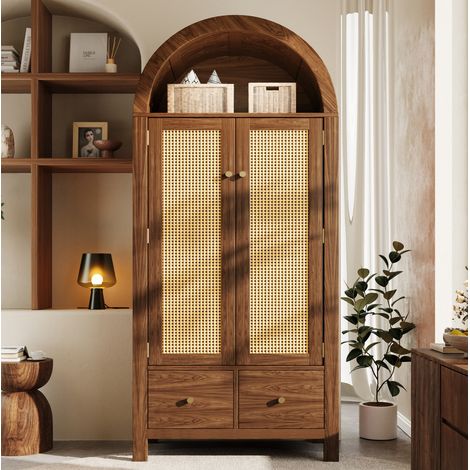 FLORAGRACE Armoire penderie en bois brun 78x45x181 cm, style maison de campagne, portes à décor tressé, 2 tiroirs (1/5)