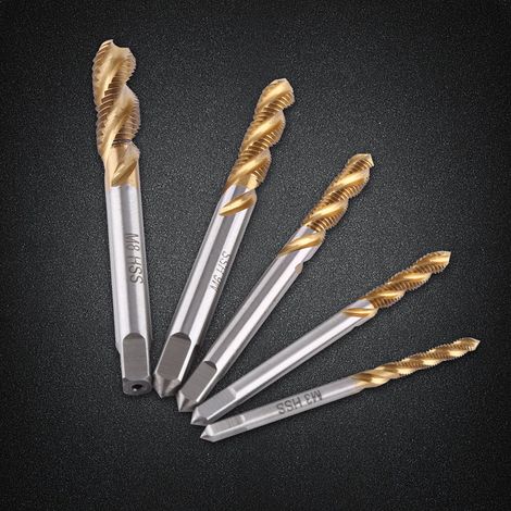 Lot de 5 tarauds à goujures hélicoïdales en acier rapide (HSS) revêtus de titane, tailles M3, M4, M5, M6 et M8. (1/5)