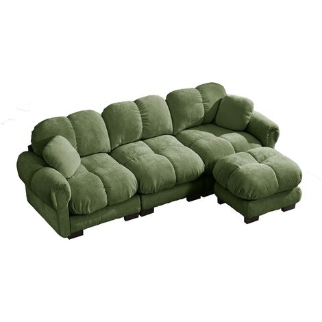 Divano angolare a L 3 posti in ciniglia verde con pouf mobile e 2 cuscini decorativi (1/5)