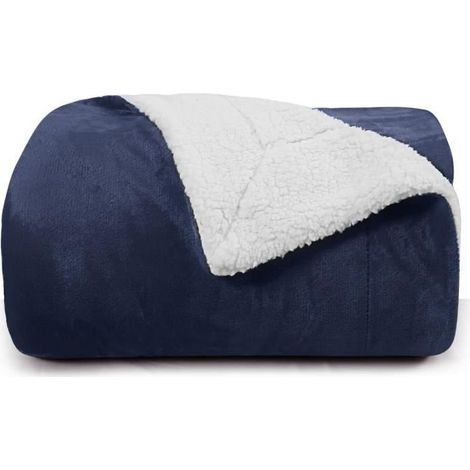 1 pièce Plaid Couverture Polaire Sherpa, Flanelle réversible, 150x200 cm, Bleu Marine, pour lit 2 personnes ou canapé