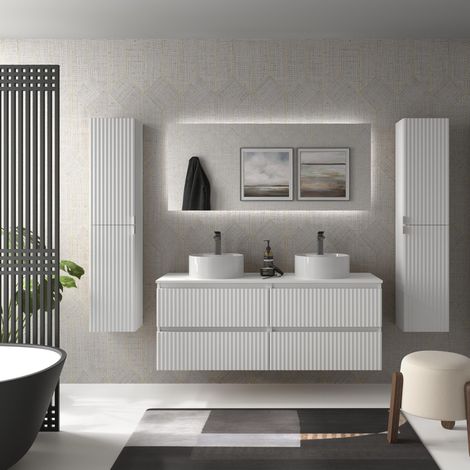 Mueble de Baño KIRA 140cm Blanco Mate 4 cajones Lavabo sobre encimera 2 pozas Porcelana (1/5)