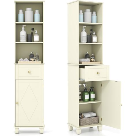 COSTWAY 172cm Tall Bathroom Cabinet Narrow Floor Cabinet w/3 Open Shelves-White (1/5)
