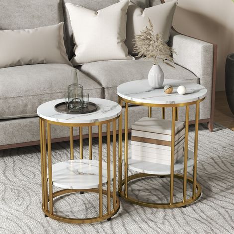 Lot de 2 tables d'appoint rondes, tables basses aspect marbre avec espace de rangement ouvert et structure en métal