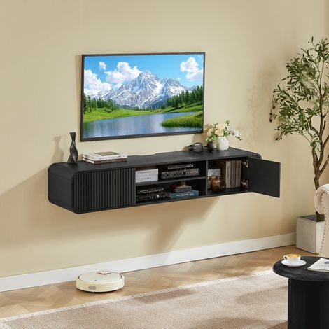 Meuble TV mural 160 cm, suspendu avec rangements ouverts, panneau de particules noir, passe-câbles, hauteur réglable, design ondulé, idéal pour salon et chambre – CHICFURN (1/5)