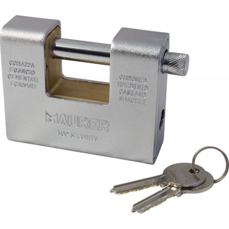 LUCCHETTO per SERRANDA CORAZZATO in acciaio cementato MAURER 80 mm 2 Chiavi
