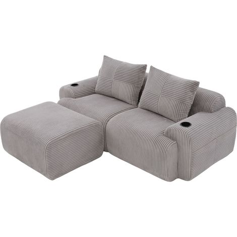 Sofá Modular de 2 Plazas en Pana Gris Claro con Portavasos y Bolsillo Lateral (1/5)