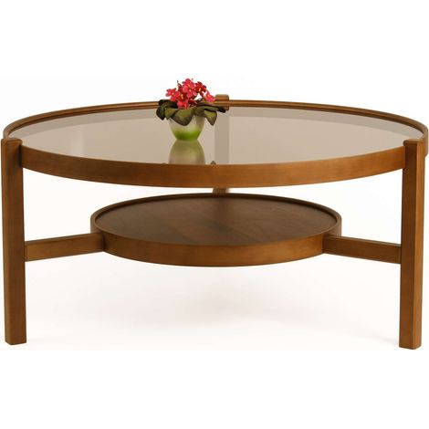 Tavolino da Salotto Olzai, un Vano, Piano in Vetro Temperato, Forma Rotondo, 100x100x48h cm Marrone Noce