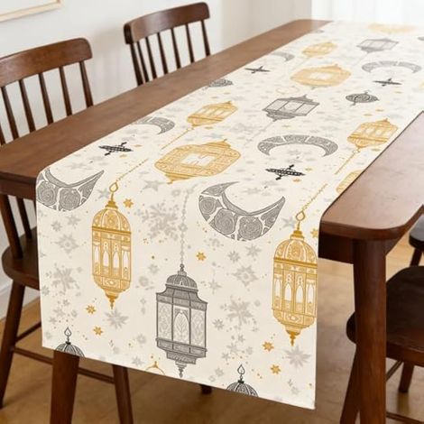 Chemin de table du Ramadan en polyester imperméable et facile à nettoyer - Motif étoiles et lune - Pour fête, maison, cuisine, salon, célébration - Blanc - 180 cm (1/5)