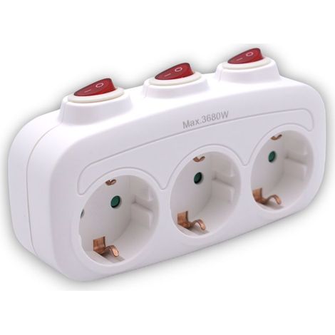 Multiprise Schuko triple blanche avec interrupteur individuel, 3 prises avec interrupteur, adaptateur avec interrupteur individuel, puissance max. 3680 W, 16 A/250 V, triple connexion antivol (1/5)