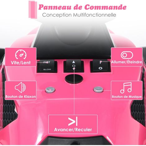 Quad électrique enfant rose 12V avec musique klaxon et phare LED, siège et poignées de sécurité pour jardin, parc et cour (1/5)