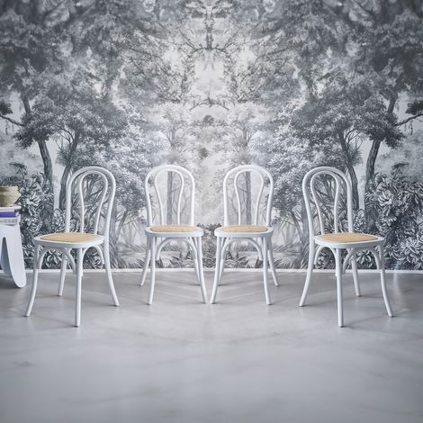 Lot de 4 chaises vintage en bois avec assise en rotin et dossier arrondi. coloris blanc. L 48 x P 49.5 x H 90cm (1/5)