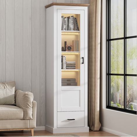 Vitrine 50x35x178 cm, mit LED und USB Anschluss, 5 Fächer und Schublade, MDF und Glas, Weiß