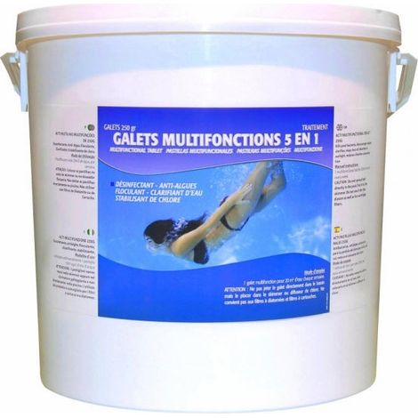 Multifunzione in Pastiglie da 250 Gr - 5 Azioni - Flocculante + Antialghe + Cloro + Chiarificante da Kg. 5 - Prodotto Chimico per Piscina - Alta Qualità Francese (1/2)