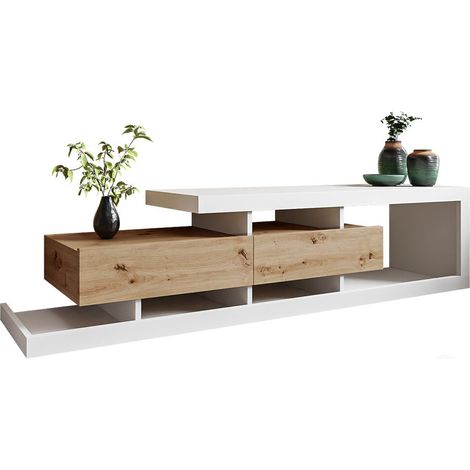 Mobilier1 – Meuble TV Utica 103 – Dimensions 198x45x40 cm – Stratifié blanc et chêne Wotan – 2 tiroirs pour rangement organisé