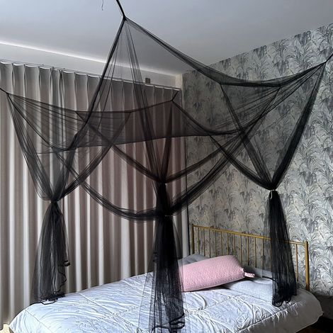 Moustiquaire noire pour lit double, à 4 poteaux d'angle, avec baldaquin pour la protection contre les insectes. Moustiquaire suspendue pour lit simple à lit king size, pour l'extérieur ou (1/5)