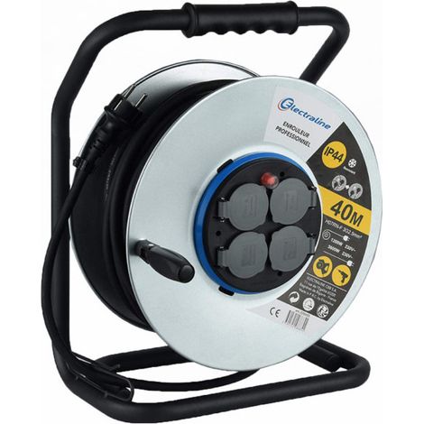 Enrouleur electrique professionnel waterproof IP44, Cable 40M en caoutchouc 3G2.5, pour chantier 4 Prises avec guide pour Le câble