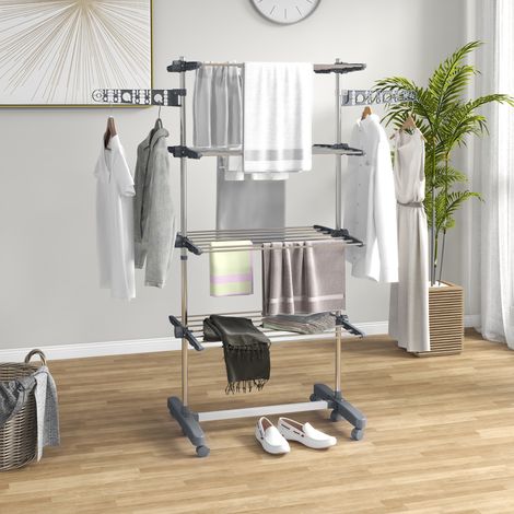 Gris argenté - Séchoir pliant inox plastique, tour vertical extensible, 6 roues 4 étagères, 142x55x172 cm, séchage linge