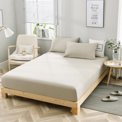 Drap Housse en Microfibre 160x200 Beige - Bonnets 30 cm pour Matelas Épais - Housse de Matelas Respirant avec Une Rebord Élastique (1/5)