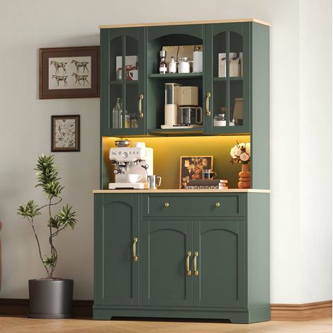 MODFU – Armadio alto cucina 100x38x178 cm in MDF/truciolato con LED RGB, 2 ante in vetro temperato, cassetto e carico 60 kg – Grigio verde (1/5)