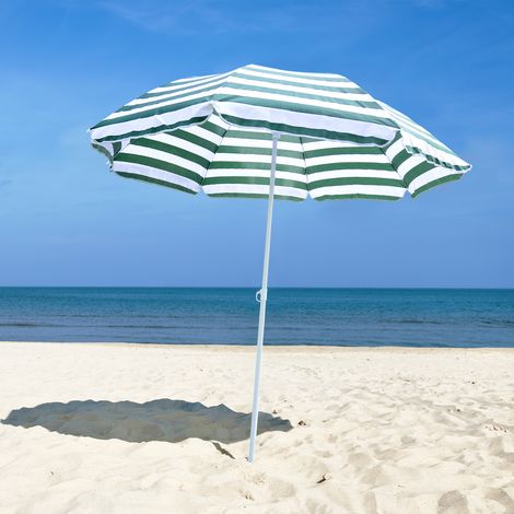 Sombrilla de playa octogonal inclinable Outsunny Ø 180 cm. Tejido de poliéster de alta densidad resistente a los rayos UV. Poste extraíble. Rayas verdes y blancas.