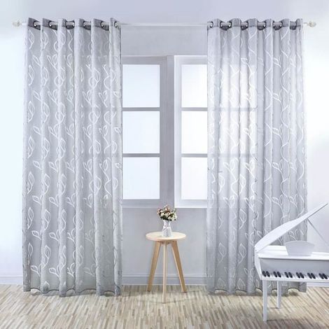 Rideau Voilage - Feuillet gris - 100 x 250 cm - Polyester - Œillets (1/4)