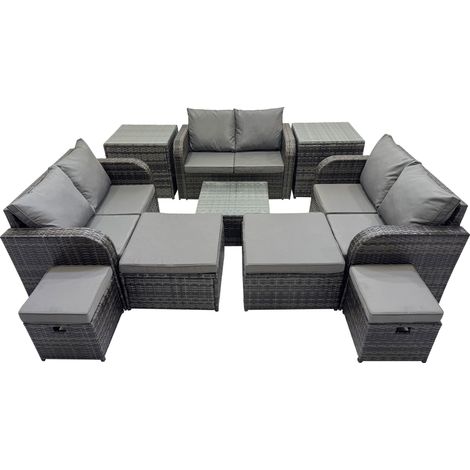 Fimous Rattan Garden Outdoor Furniture Set Love Sofa Square Coffee Table Set with 4 Stools 2 Side Tables Dark Grey Mixed (1/5)