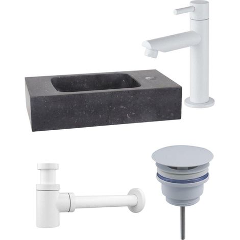Fortifura Fuente Ensemble lave-mains - 40x22x9cm - 1 trou de robinet - pierre naturelle - robinet de lave-mains blanc mat - noir
