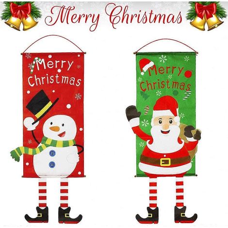 2 drapeaux de Noël en tissu, 114 cm x 40 cm, bannière Père Noël et bonhomme de neige, décoration de porte de Noël, décoration de porche, ornements à suspendre (1/5)