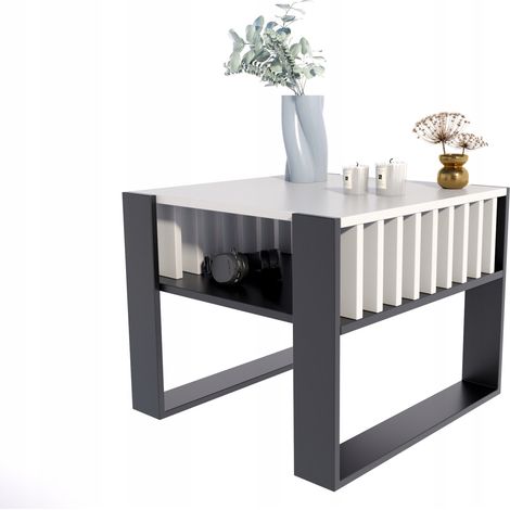 Table Basse IGA Blanc / Noir - Table de Salon Carrée avec étagère - 60 x 63.6 x 50 cm (1/5)