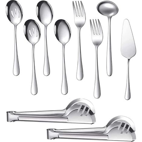 pièces Ensemble D'ustensiles de Service En Acier Inoxydable avec grandes cuillères de service,cuillères fendues,fourchettes de service,louche, pelle à gâteau et pince de service(Argent) (1/5)
