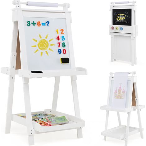 Chevalet Pliable pour Enfants, Double Face avec Tableau Noir et Tableau Blanc Magnétique, Rouleau de Papier Remplaçable, 3 Gobelets, Blanc (1/5)