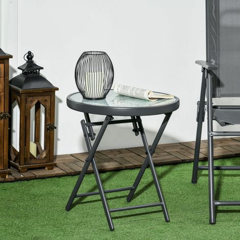 Table de jardin pliante en verre blanc ronde, petite table d'extérieur gain de place avec plateau en verre de sécurité (1/5)