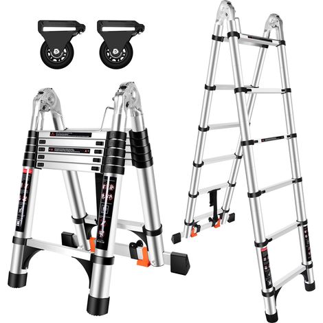 Mehrzweck-Aluminiumleiter 3,8M (1,9M + 1,9M) Trittleiter Teleskopisch Haushaltsleiter aus Aluminium mit 2 Rädern (1/5)