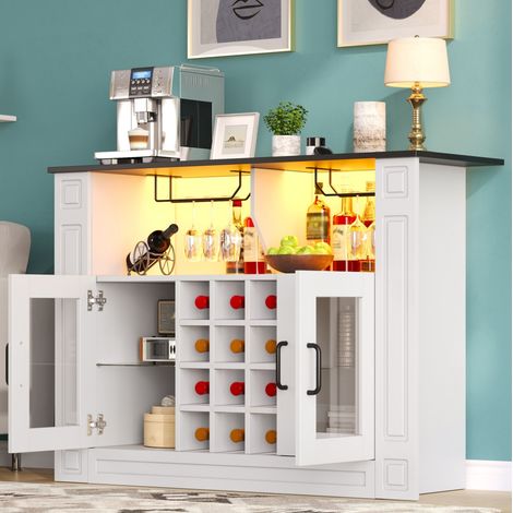 Armario bar de vinos LED 120x35x84 cm, mueble de cocina con soporte para copas, botellero, MDF blanco (1/5)