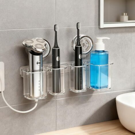 Grande portaspazzolino da denti con ventosa, portaspazzolino e porta tubetto di dentifricio, per l'organizzazione del bagno (trasparente) (1/5)