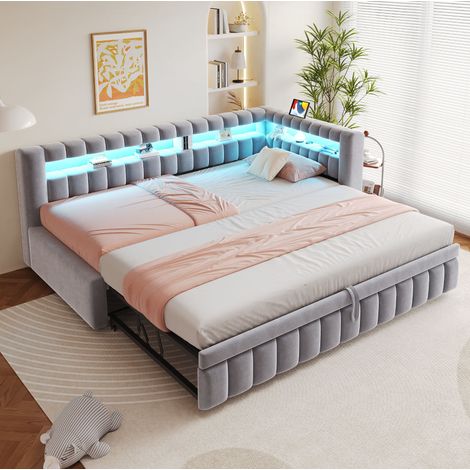 Sofá cama extensible de 90x200 cm con LED, USB Tipo-C, espacio de almacenamiento, somier de láminas, terciopelo - gris claro (1/5)