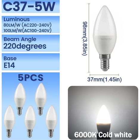 (C37 6000K, AC100-240V) Lot de 5 ampoules LED, culot E14, sans scintillement (1/3)