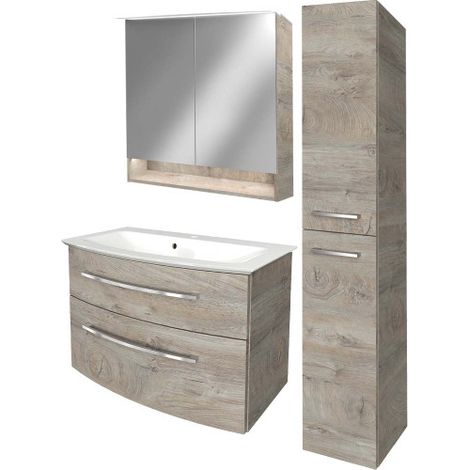 Fackelmann B.STYLE Badmöbel Set mit Waschbecken mit Unterschrank 80 cm breit – Spiegelschrank Bad mit Beleuchtung und Hochschrank in Holz braun – Badezimmermöbel hängend in Eiche Natur Holzoptik"-"901 (1/5)