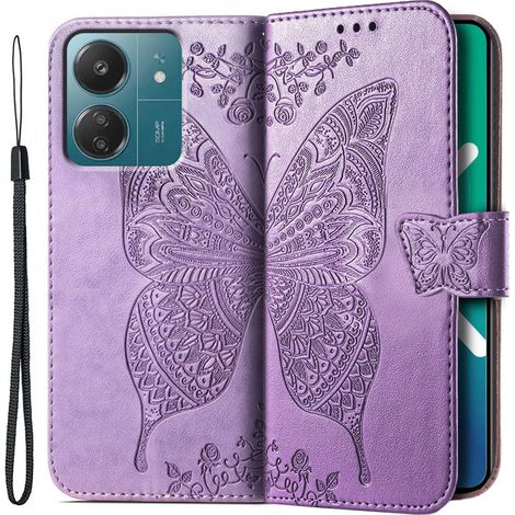Funda tipo libro para Xiaomi Redmi 13C / Poco C65, diseño de mariposa, color morado. (1/4)