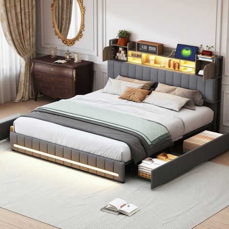 Lit avec tiroirs 160x200 cm, 4 tiroirs, Sommier à lattes, éclairage LED multimode, tête lit avec port USB Type-C - gris (1/5)