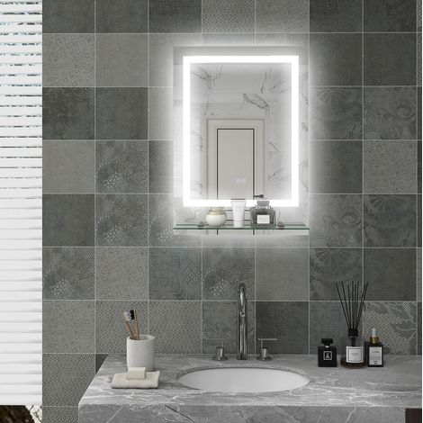 Specchio bagno LED con mensola, luce dimmerabile 3 tonalità e antiappannamento 70 x 50 cm OKWISH (1/5)