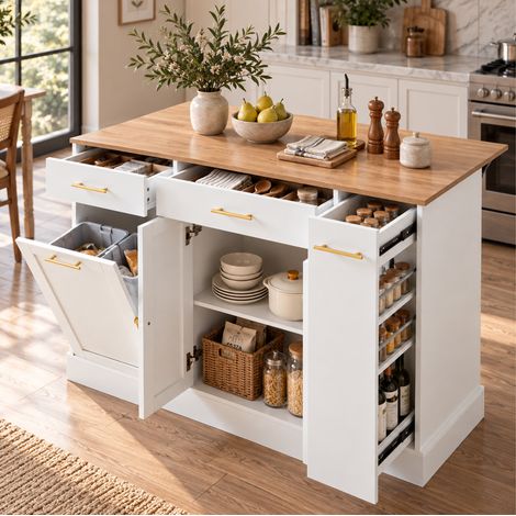 MODFU – Îlot cuisine 120 cm panneaux particules – Plan rabattable et compartiment poubelle – Étagère coulissante et charge 60 kg – Cuisine – Blanc/naturel (1/5)